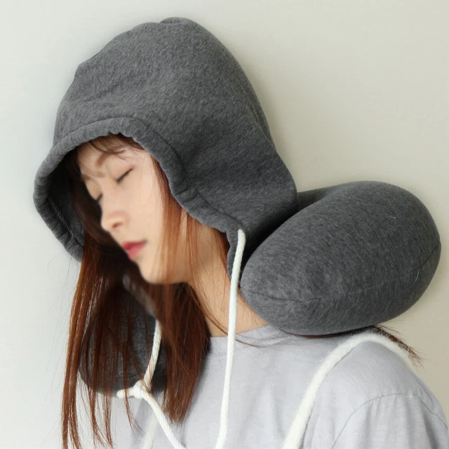 Adults Portable Solid Neck Pillow U-shaped Drawstring Microbeads Hooded travel