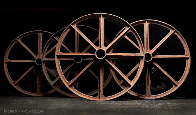 ANTIQUE CART WHEEL SET, Vtg Old Industrial Cast Iron Factory Coffee Table Caster