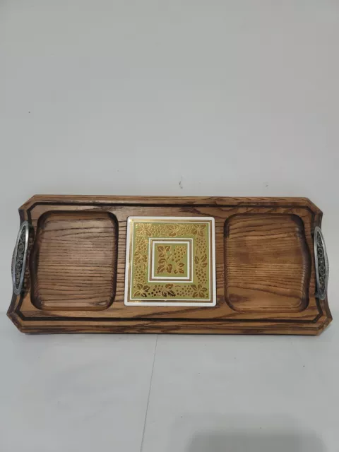 Vintage Mid Century Wooden Cheese Board Snack Tray With Tile Center And Handles