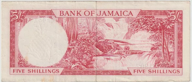 Jamaica 5 Shillings Banknote 1961 Very Fine Condition Pick#49 Young Queen 2