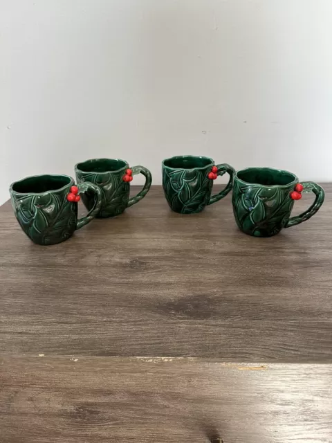 Set Of 4 ESD Japan Lefton Christmas Green Holly Berry Cups Vintage.