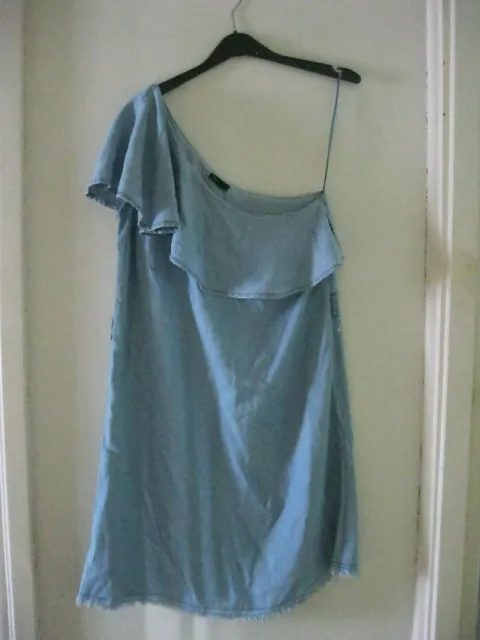RIVER ISLAND DENIM BLUE ONE SHOULDER SUMMER SHIFT DRESS. Size 8. BNWT. RRP £42.