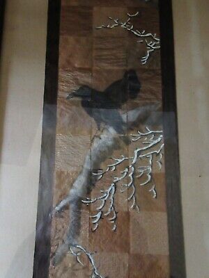 Vintage Japanese painting woven gold crepe paper 2 black birds on a branch 9x22" 4