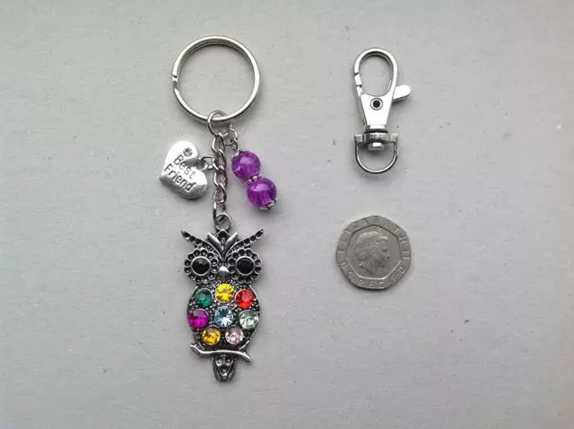 Personalised Handmade Rhinestone Owl FRIEND, BEST FRIEND Bag Charm Keyring.