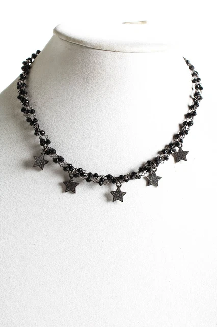Designer Womens Sterling Silver Black Beaded Diamond Star Necklace Designer Womens Sterling Silver Black Beaded Diamond Star Necklace