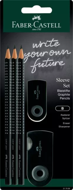 Faber-Castell Grip 2001 Sleeve Set - 3x Pencils, 1x Eraser + Sharpener - Black