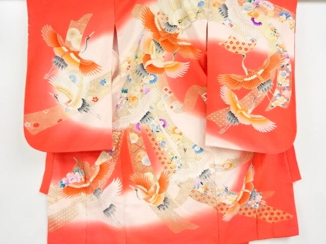 44804# Japanese Kimono / Antique Kimono / Embroidery / Cranes & Noshi Patter