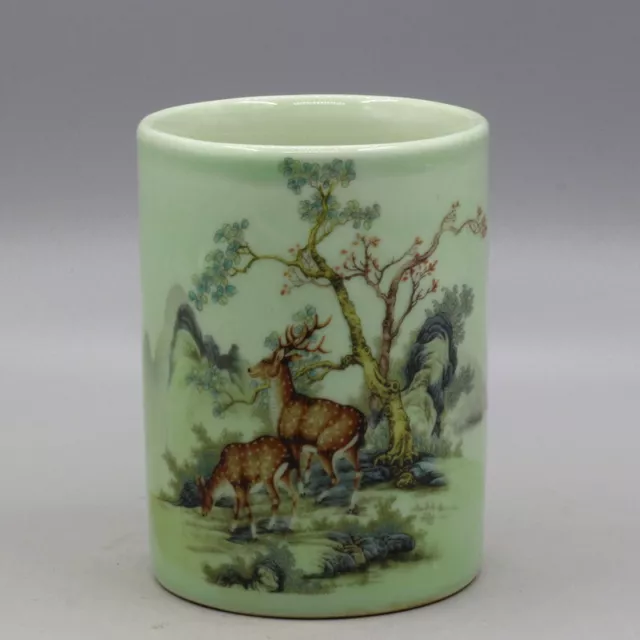 5.31” China Porcelain Qing Tongzhi Bean Green Glaze Famille Rose Deer Brush Pots