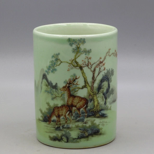 5.31” China Porcelain Qing Tongzhi Bean Green Glaze Famille Rose Deer Brush Pots
