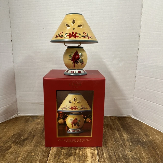 NIB Lenox Winter Greetings Everyday Candle Tealight Lamp Red Cardinal & Holly