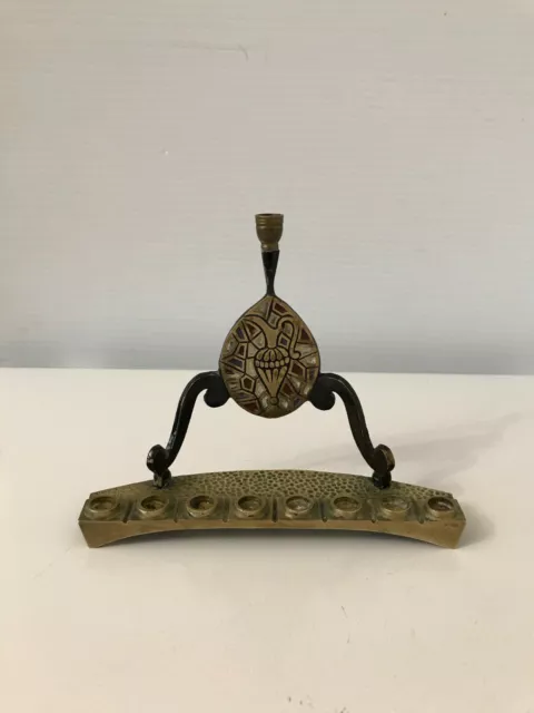 Vtg 60's Solid Brass Brutalist Art Menorah Sacred Oil Jar Signed Hakuli Israel