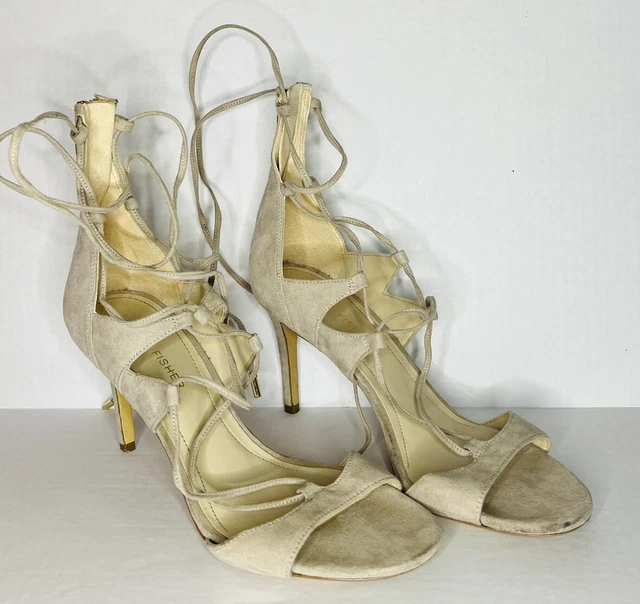 Marc Fisher Beige Suede Leg Wrap Lace Up Peep Toe Heels Women Size 7