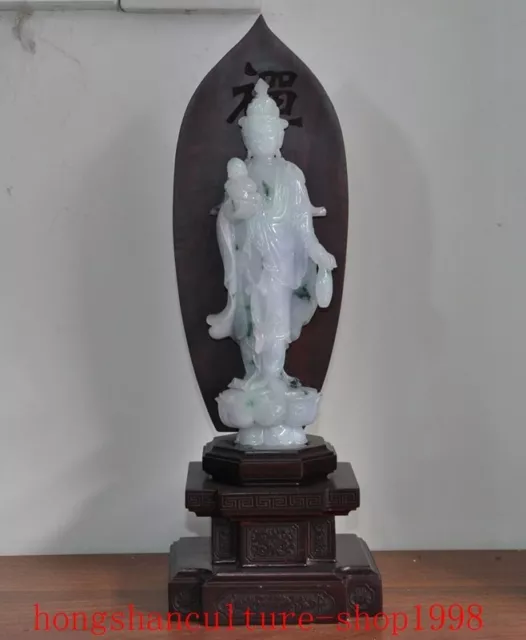 13" 100% Natural Emerald Green Jade Jadeite Guanyin Goddess tara Buddha statue