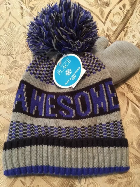 NEW~Childrens Place~*AWESOME*~Hat & Mittens Set~SIZE S 12-24 MOS~Blue/Gray/Black