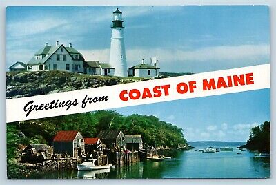 Postcard ME Banner Dual View Greetings From The Coast of Maine Vintage O16