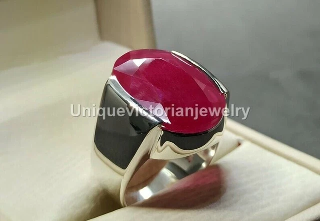 Bague unisexe pour homme en argent sterling massif 925 avec rubis naturel...