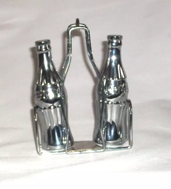 Coca Cola  Bottles Salt and Pepper Shakers with Stand in Chrome / Silver Look