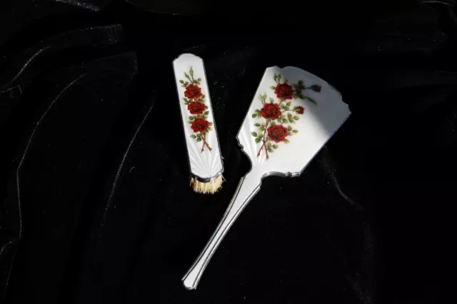 Silver and Guilloche Enamel Hand Mirror and Clothes Brush Hallmarked 1957