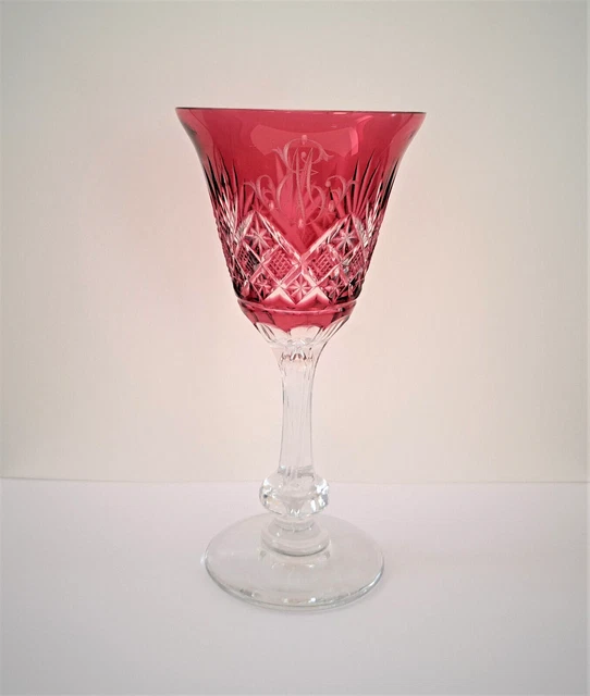 Verre à vin du rhin roemer cristal ancien overlay rouge rubis monogrammé EM / ME