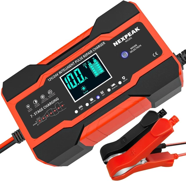 Nexpeak Caricabatteria Auto 10 Amp, 12V e 24V Smart Completamente Automatico (D)