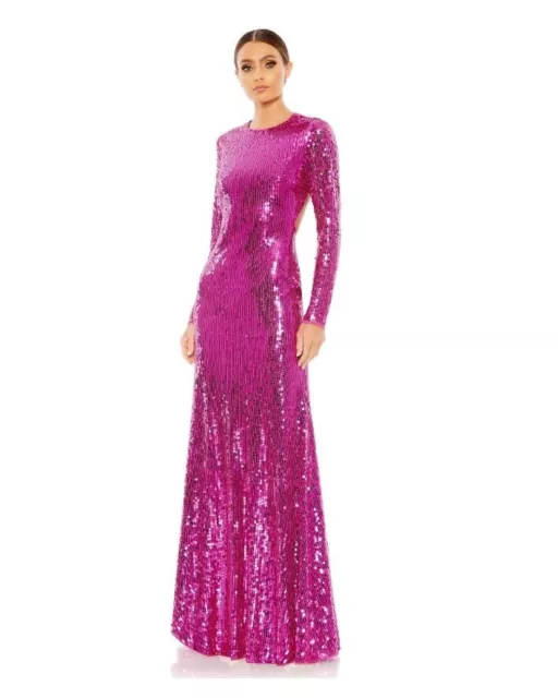 Mac Duggal Sequined Long Sleeve High Neck Open Back Gown Size 10 Fuchsia 10891