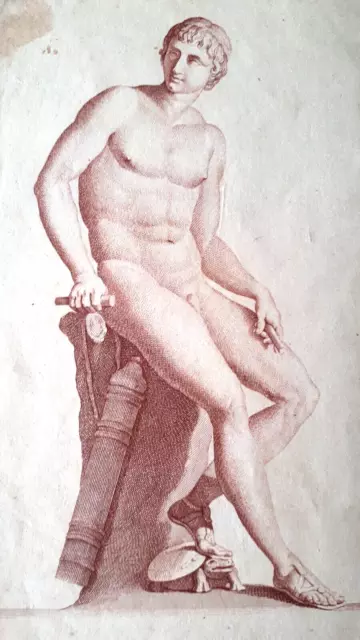 Rare estampe ancienne curiosa nu masculin gravure mythologie Apollon musique