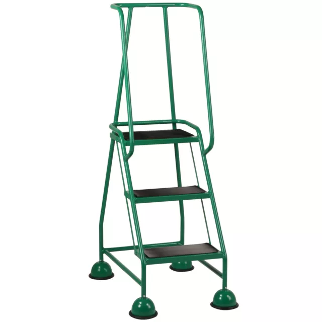 3 Tread Mobile Warehouse Steps GREEN 1.43m Portable Safety Ladder & Wheels