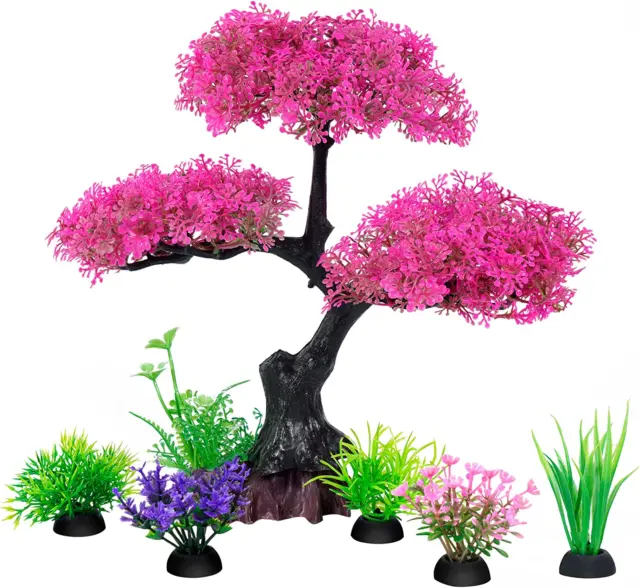 Aquarium Artificial Plastic Plants Decoration, Pink Cherry Blossom Tree & Grass