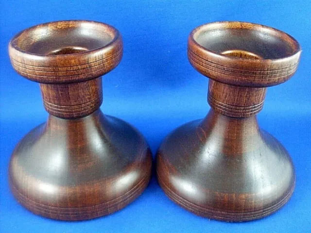 Vintage FINE HAND-CRAFTED Dark Wooden PAIR DINNER CANDLE HOLDERS Collectable VG