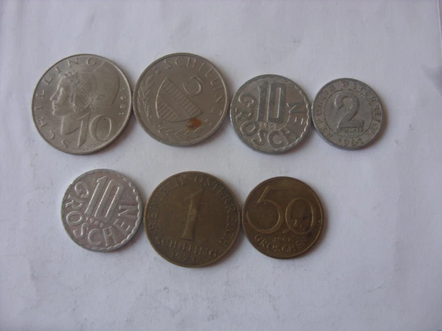 Lot Of 7  Austria Coins  2 Groschen- 10  Schilling  1951-1989