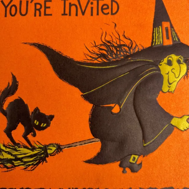 Vintage Halloween Invitation Greeting Card Witch Broom Black Cat Hallmark 1969