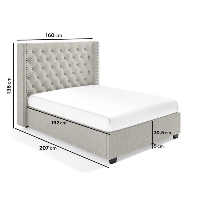 LIGHT GREY FABRIC Double Ottoman Bed With Winged Headboard Maeva £270