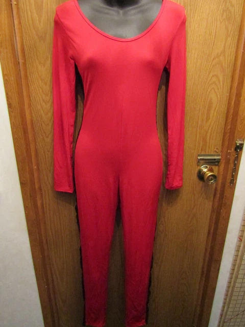Women's Sexy Red Body Leotard With Sheer Black Lace Insets Sz M