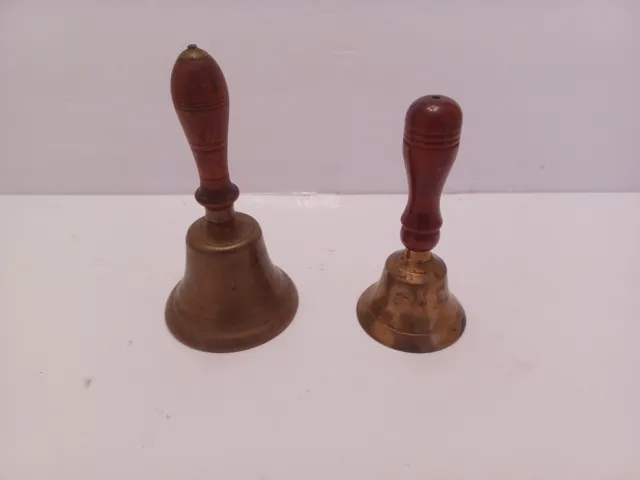 VTG Brass School/Hand Bells W/Wood Handles *1-6 1/2"/1-5 1/2"* USED SEE PHOTOS