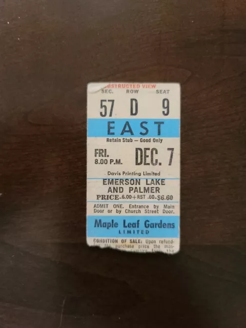 Emerson Lake Palmer 1973 Toronto Maple Leaf Gardens Vintage Concert Ticket Stub