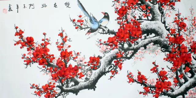 Rollbild, chinesische Bildrolle "Pflaumenblüte und Vögel", Bild China querformat