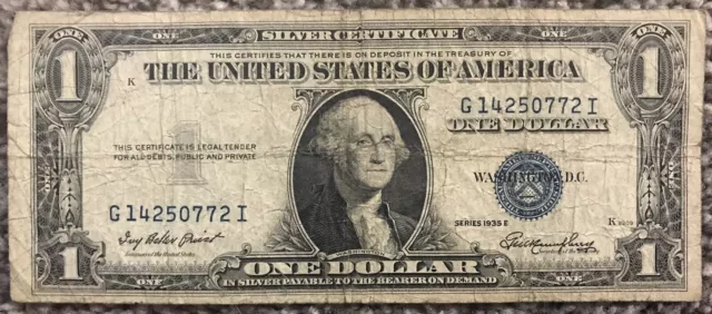 Vintage 1935 E $1 Silver Certificate One Dollar Note GI Block No Motto