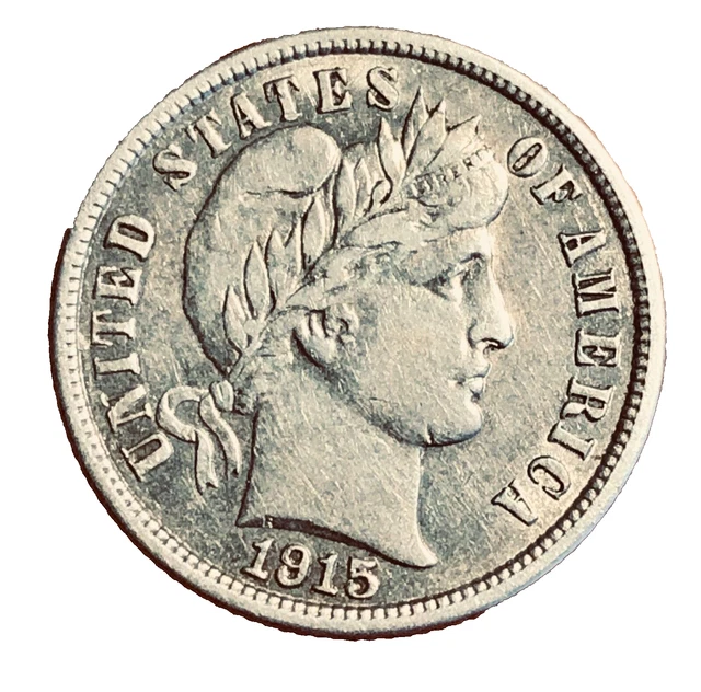 1915S USA Silver One BARBER DIME Low Mintage 90% Silver Coin aUnc