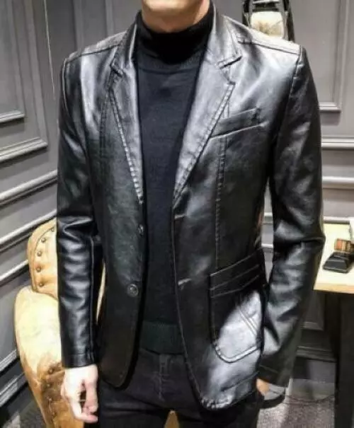 Men's Leather Jacket Slim Fit Wedding Dress Outdoor Business Blazer Coat Formal