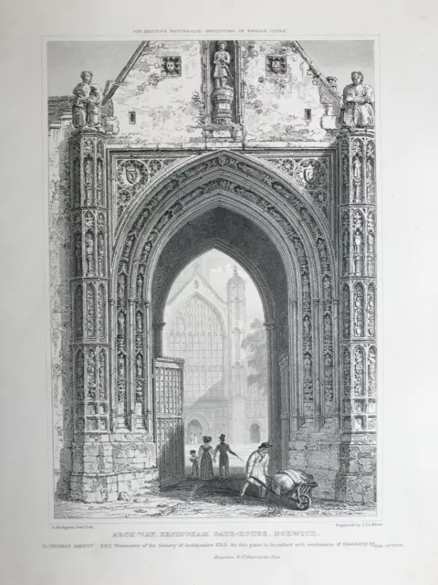 1830 Antique Print; Erpingham Gate, Norwich after David Hodgson