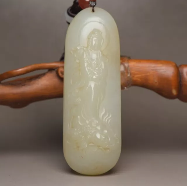 Collection Chinese Natural Hetian Jade Carved Kwan-yin Statue Pendant Jewelry