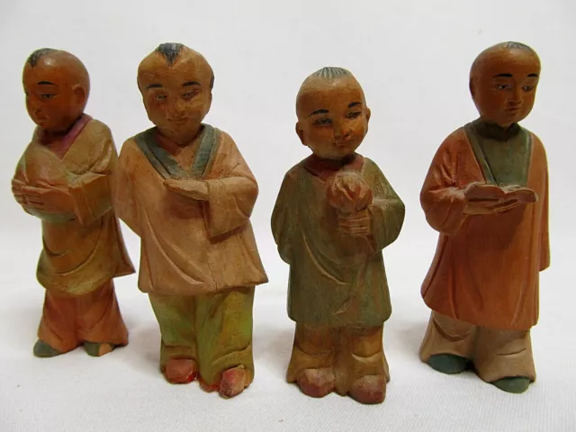 4 Vtg Chinese Wood Carved Painted Figure Children Boy Girl Cultural Revolution