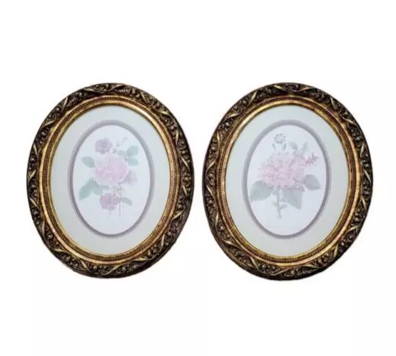 Ethan Allen Framed Wall Art Pair Gilt Oval French Roses Prints