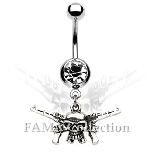FAMA 316L Surgical Steel Single Gem Navel Belly Ring with Deux Guns Skull Dangle