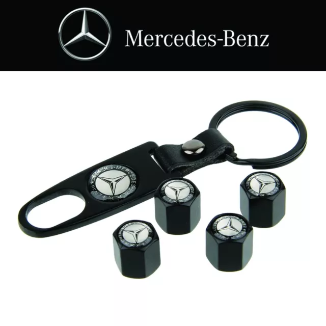 x4 Mercedes Benz Special Metal Dust Air Valve Tyre Stem Caps with Keyring