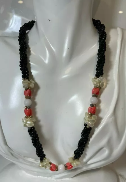 Vintage Branch Corail Noir Mop Plastique Verre Tressé Perles 3T Collier 5k 65