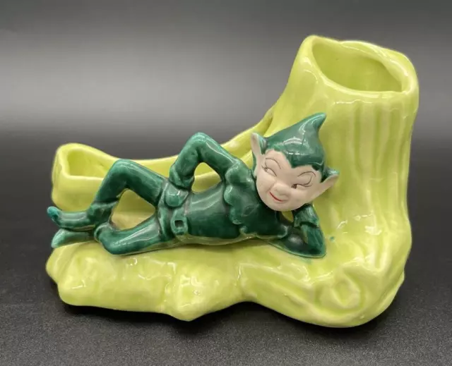 VTG  Gilner ? Green Pixie Elf  Laying On Chartreuse Tree Stump Ceramic Planter