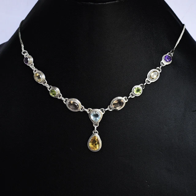 Natural Multi Gemstone Choker Necklace 925 Sterling Silver Jewelry Mother's Gift