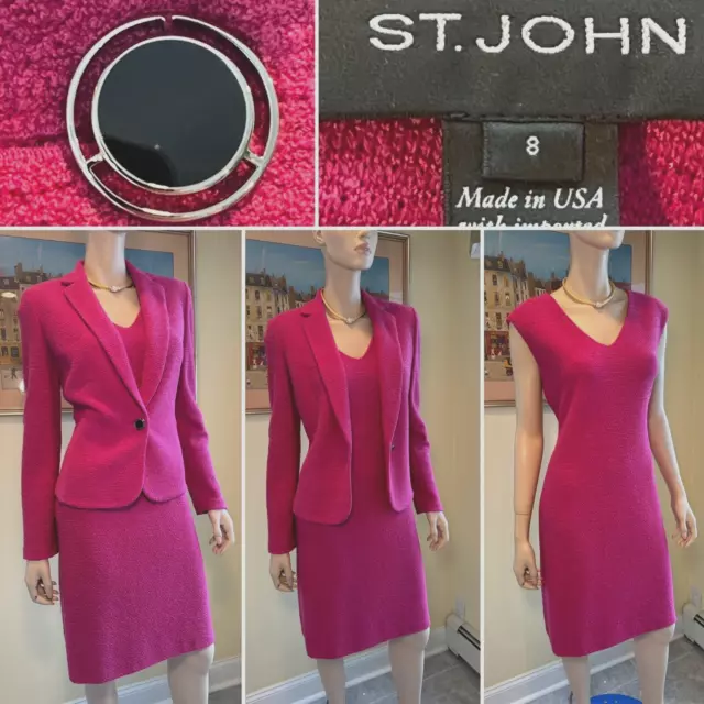 ST JOHN Size 8 Fuchsia Pink Boucle Stretch Knit Dress/Blazer Combo Skirt Suit