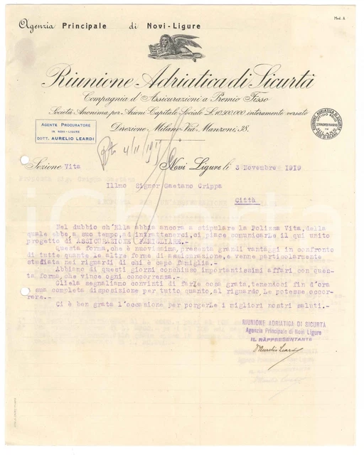 1919 NOVI LIGURE Riunione Adriatica Sicurtà - Lettera assicurazione familiare